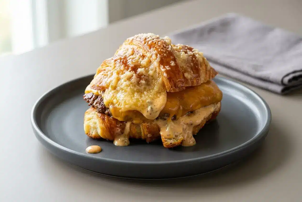 Croissant smash burgers featuring crispy beef patties, melted cheese, and golden flaky toasted pastry.