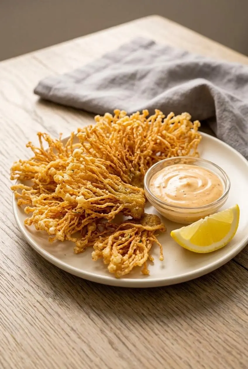 Plate of crispy enoki mushrooms served with creamy chili garlic aioli, fresh chives, and lemon.