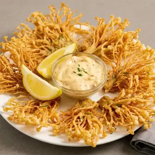 Golden, crackly crispy enoki mushrooms fanned out with delicate fried edges and a brittle coating.