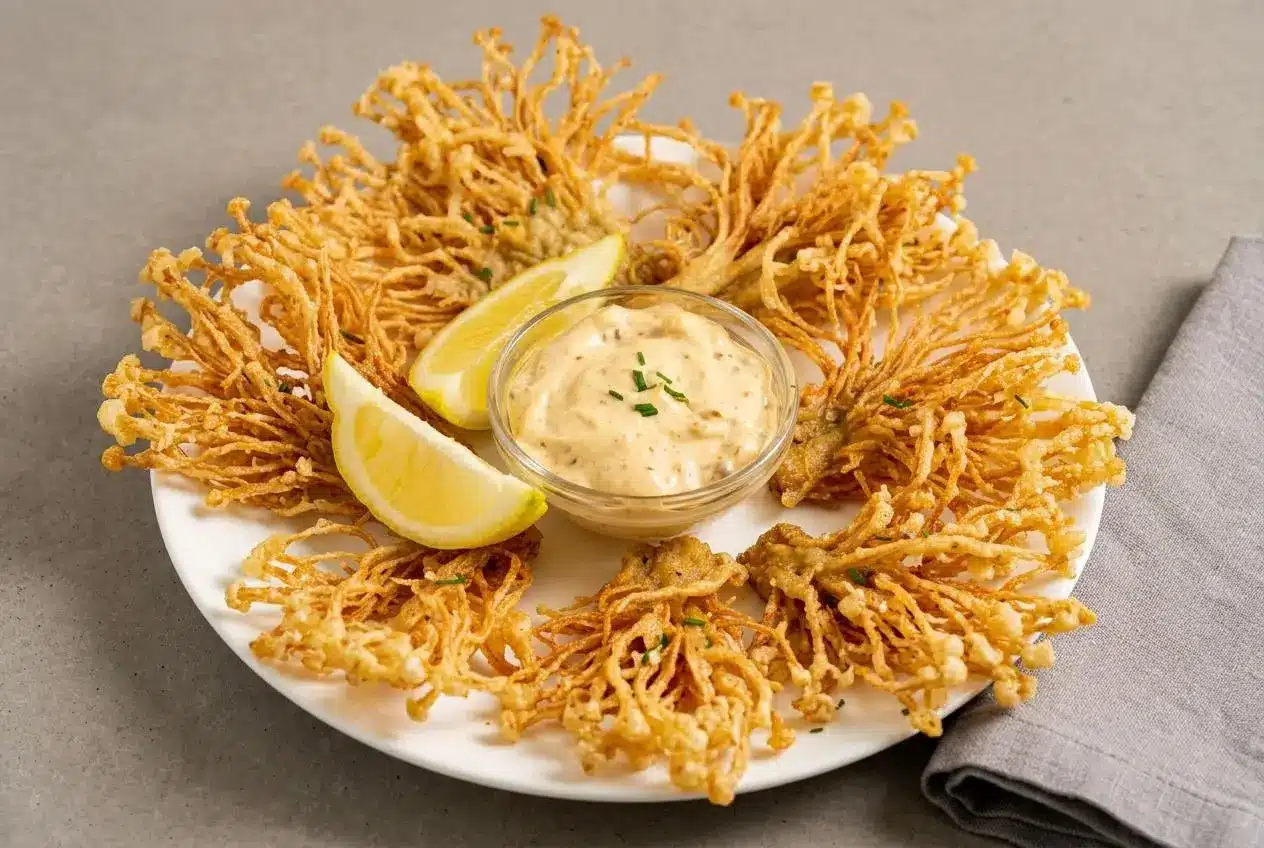 Golden, crackly crispy enoki mushrooms fanned out with delicate fried edges and a brittle coating.