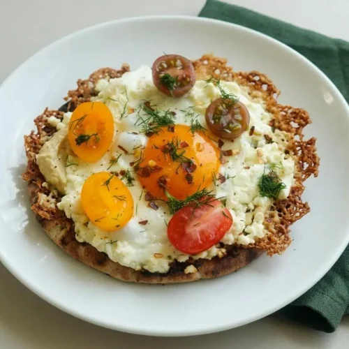 Crispy feta fried eggs with golden lacy cheese edges, runny yolk, tomatoes, and dill on warm pita with hummus.