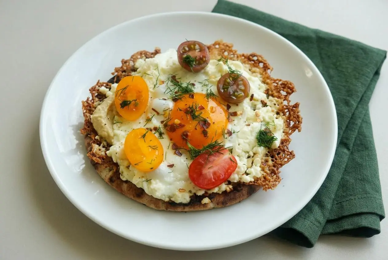 Crispy feta fried eggs with golden lacy cheese edges, runny yolk, tomatoes, and dill on warm pita with hummus.