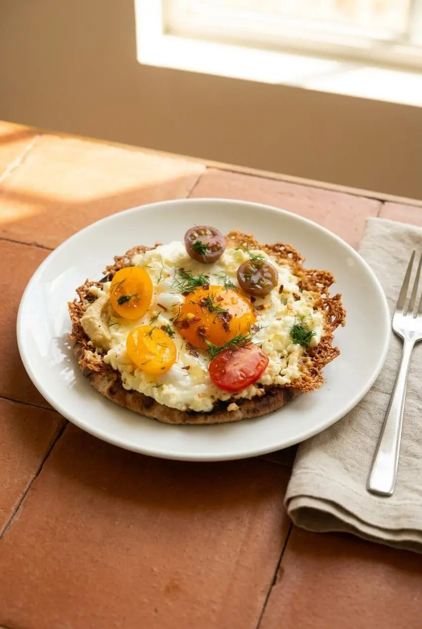 Crispy feta fried egg on charred pita with hummus, tomatoes, and dill, finished with honey drizzle and lemon zest.