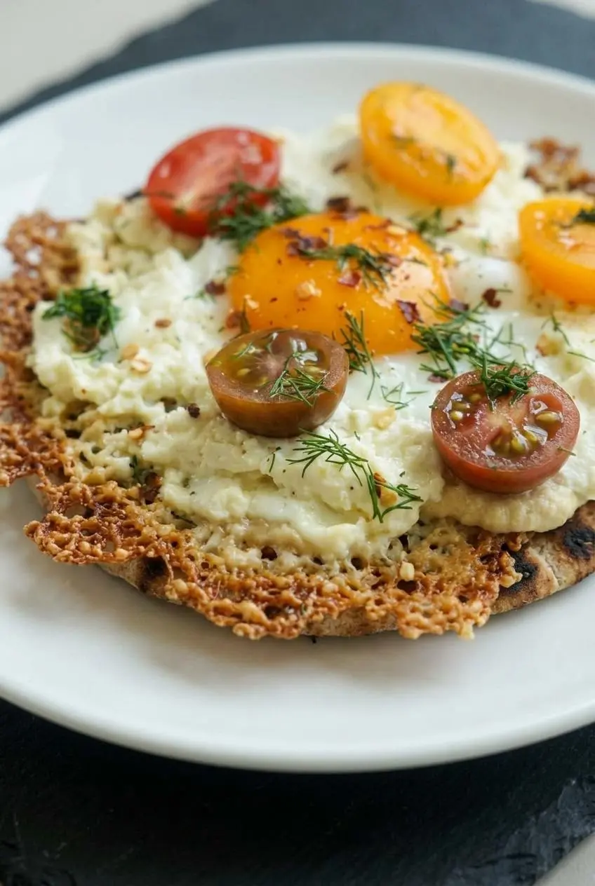 Close-up of caramelized lacy feta crust around a fried egg with runny yolk, cherry tomatoes, dill, and red pepper flakes.