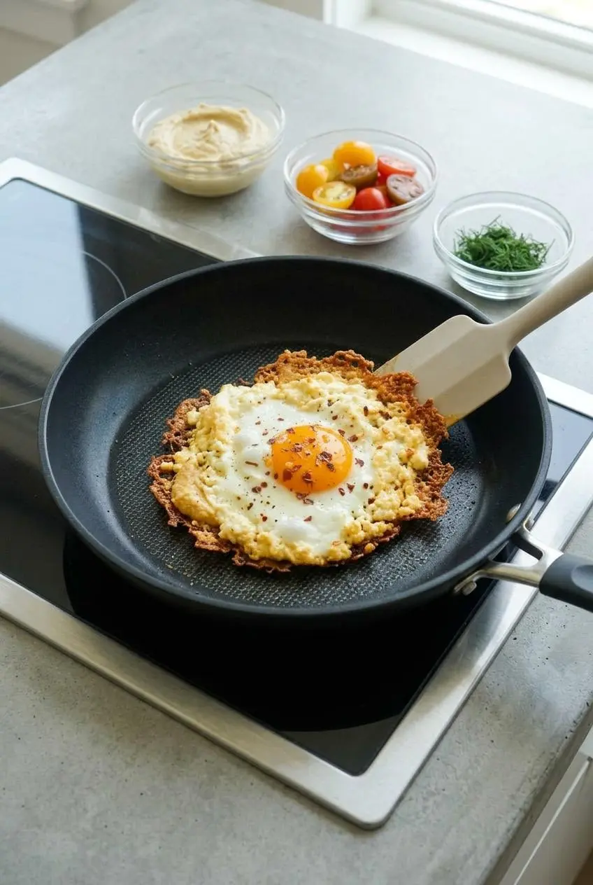 Silicone spatula lifting the firm golden feta crust of a fried egg from a nonstick skillet next to prep bowls.