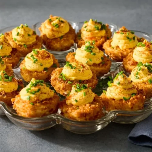 Fried deviled eggs with a golden panko parmesan crust and creamy yolk filling topped with paprika and chives.