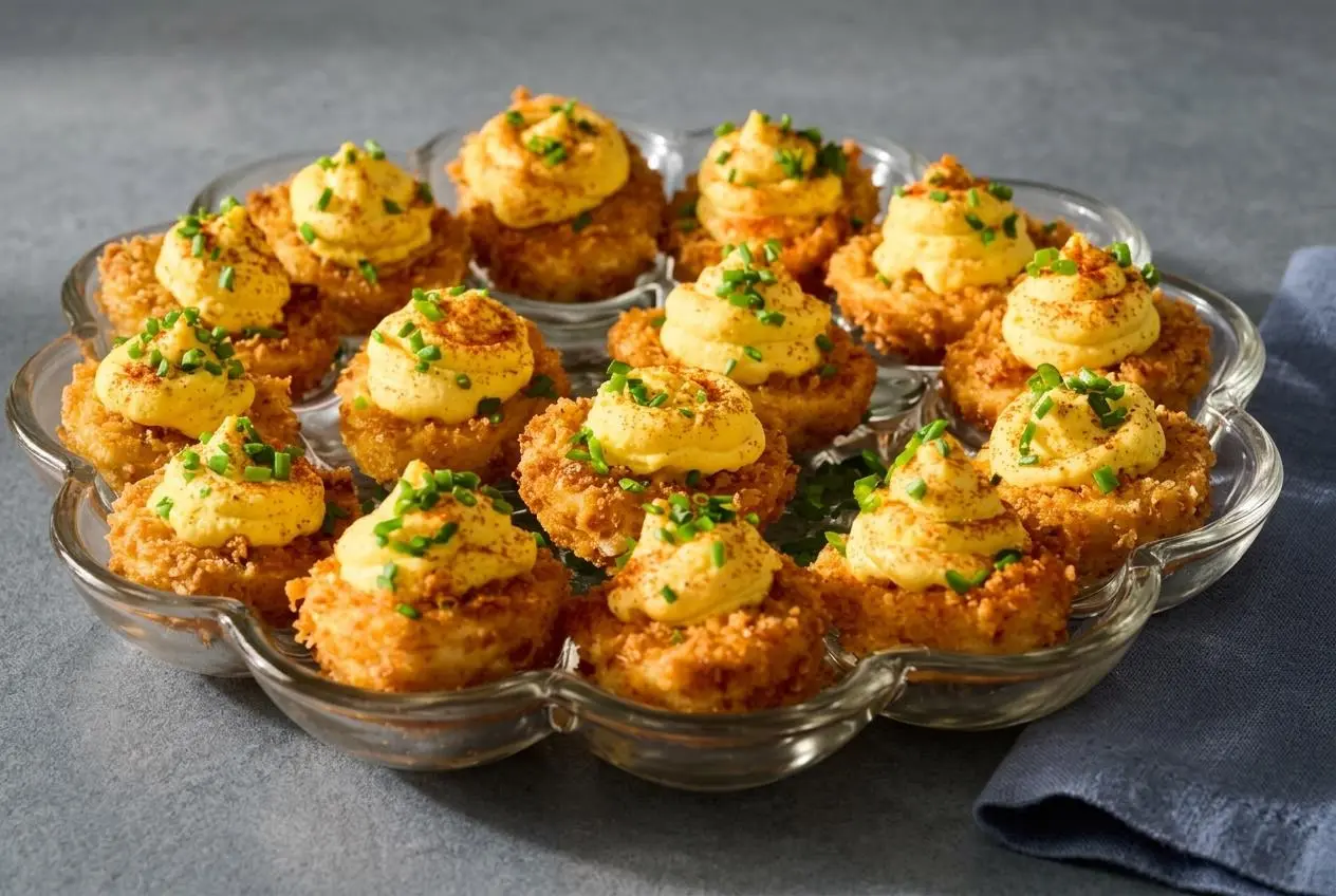 Fried deviled eggs with a golden panko parmesan crust and creamy yolk filling topped with paprika and chives.