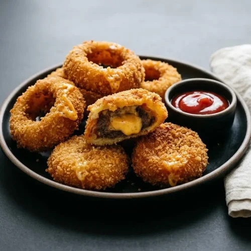 Crispy golden cheeseburger onion rings with a double panko crust and melted cheddar filling