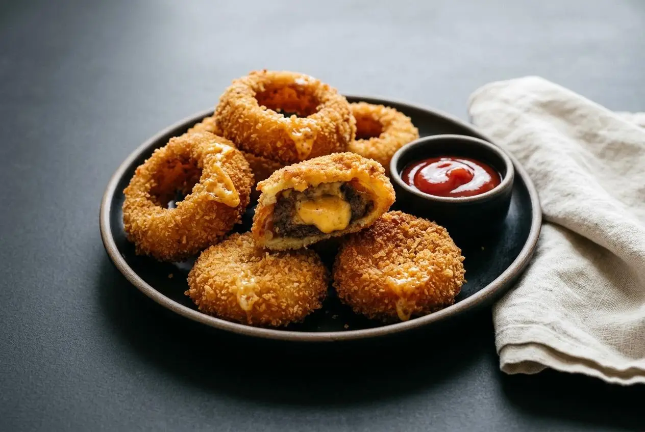 Crispy golden cheeseburger onion rings with a double panko crust and melted cheddar filling
