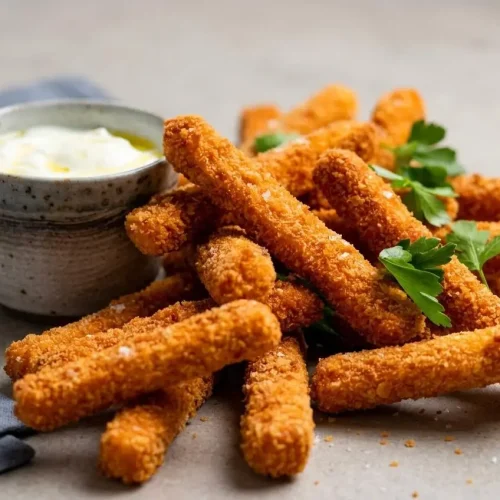 Crispy golden panko halloumi fries served hot with a bowl of creamy garlic Greek yogurt dip