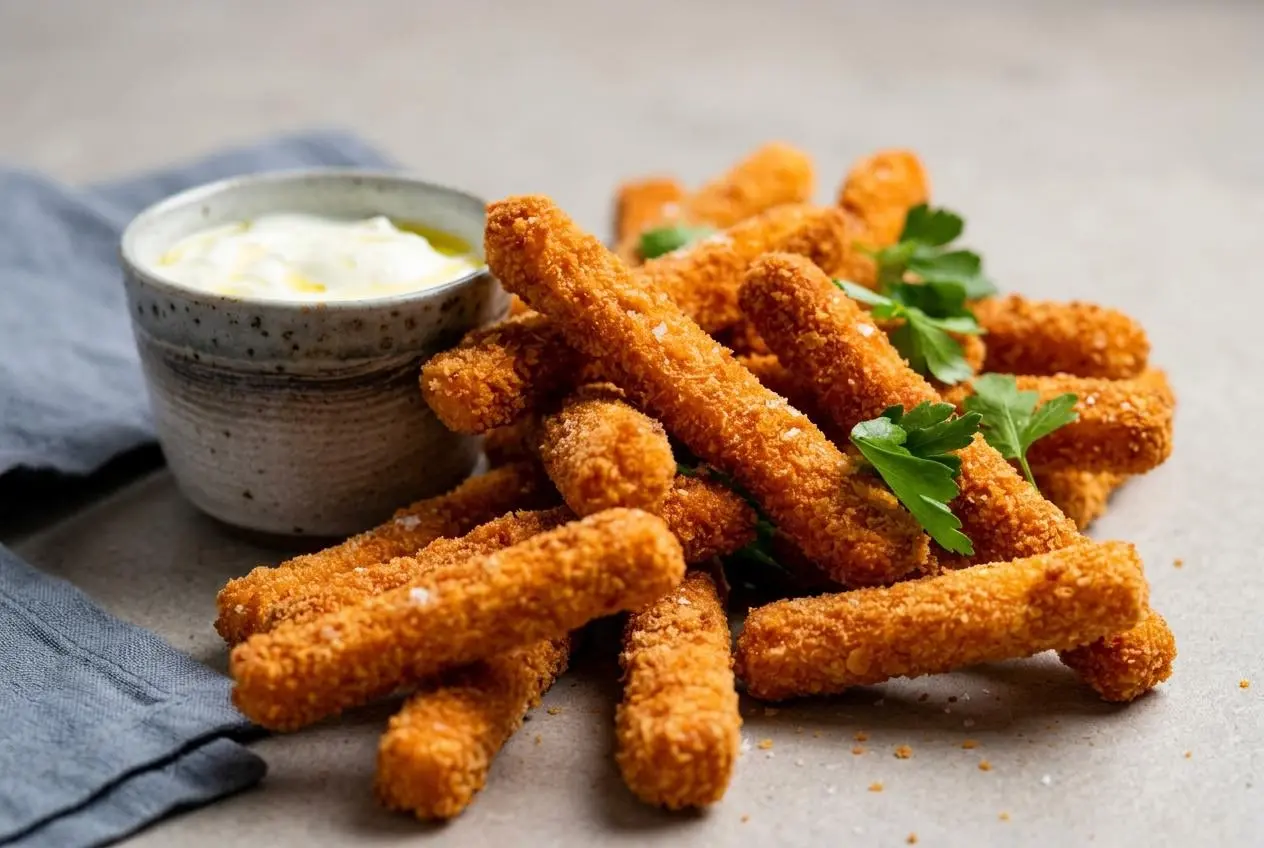 Crispy golden panko halloumi fries served hot with a bowl of creamy garlic Greek yogurt dip