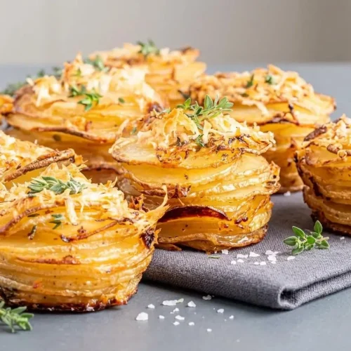 Baked parmesan potato stacks with crispy golden edges, buttery Yukon Gold layers, and fresh thyme on a platter