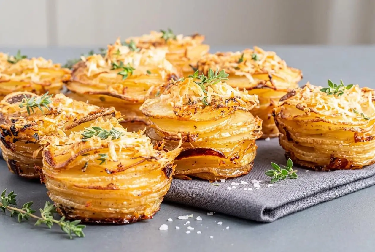 Baked parmesan potato stacks with crispy golden edges, buttery Yukon Gold layers, and fresh thyme on a platter