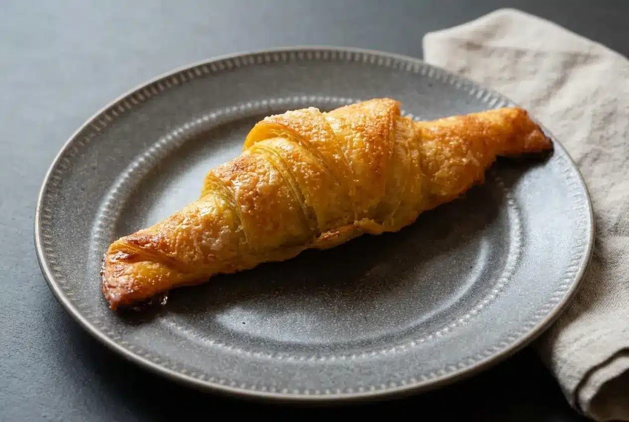 Freshly baked rice paper croissants with a blistered, golden sugar crust and plump crescent shape.
