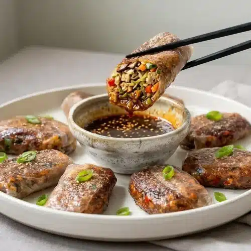 Crispy pan-fried rice paper dumplings with a blistered golden crust and tender tofu vegetable filling.