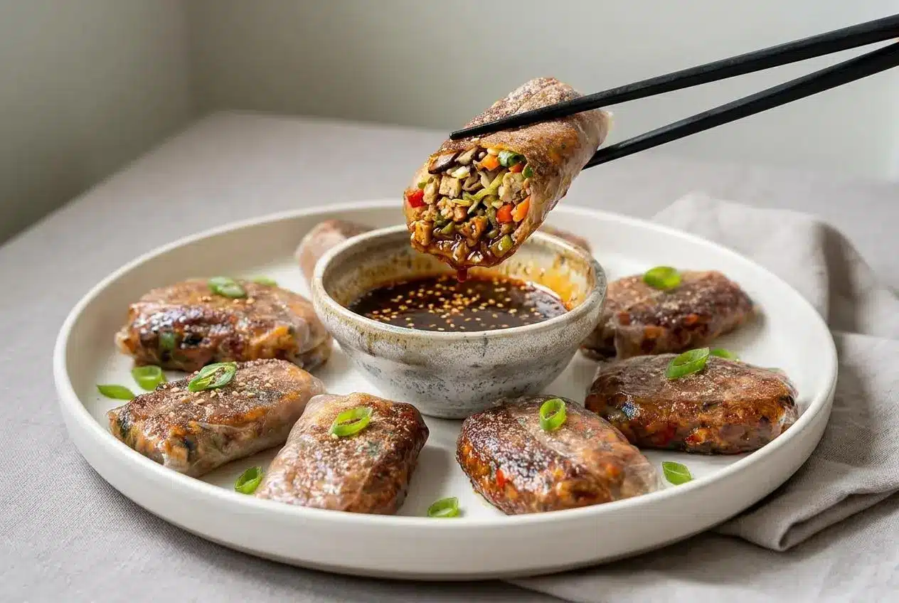 Crispy pan-fried rice paper dumplings with a blistered golden crust and tender tofu vegetable filling.
