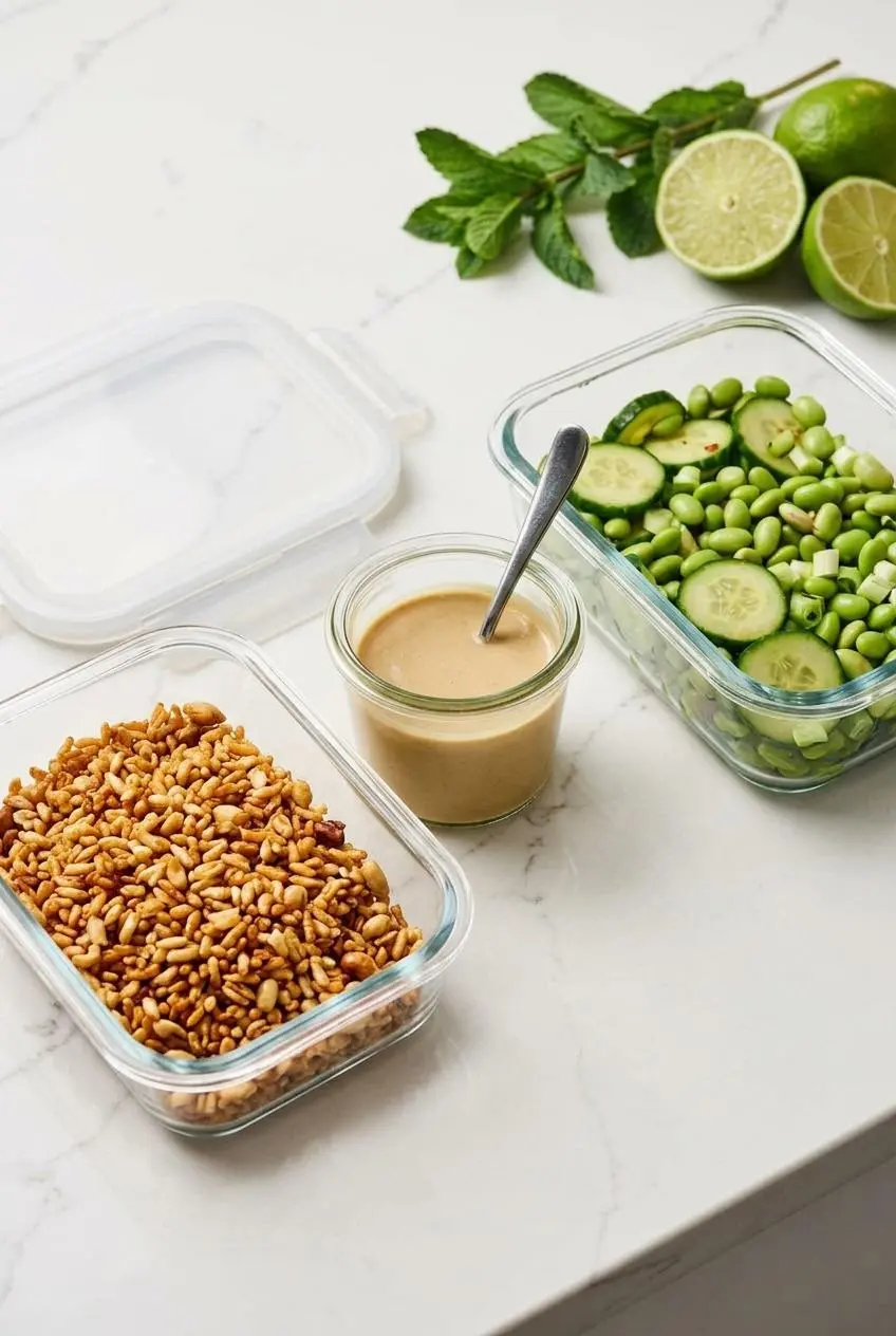 Separate glass meal prep containers storing dry crispy rice, marinated vegetables, and tahini dressing.