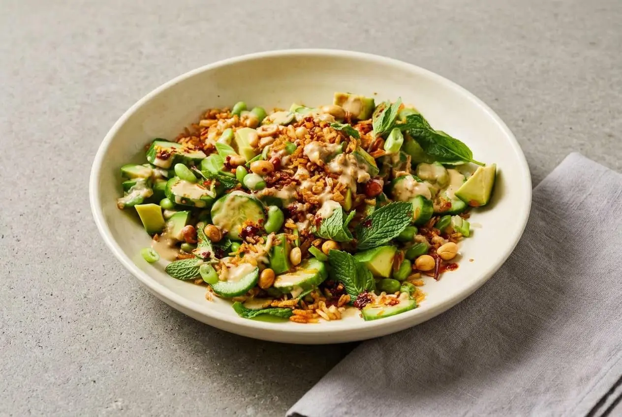 Crispy rice salad layered with golden toasted grains, fresh sliced cucumbers, edamame, and creamy avocado.