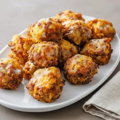Golden baked sausage hash brown bites with crispy melted cheddar edges and tender potato shreds.