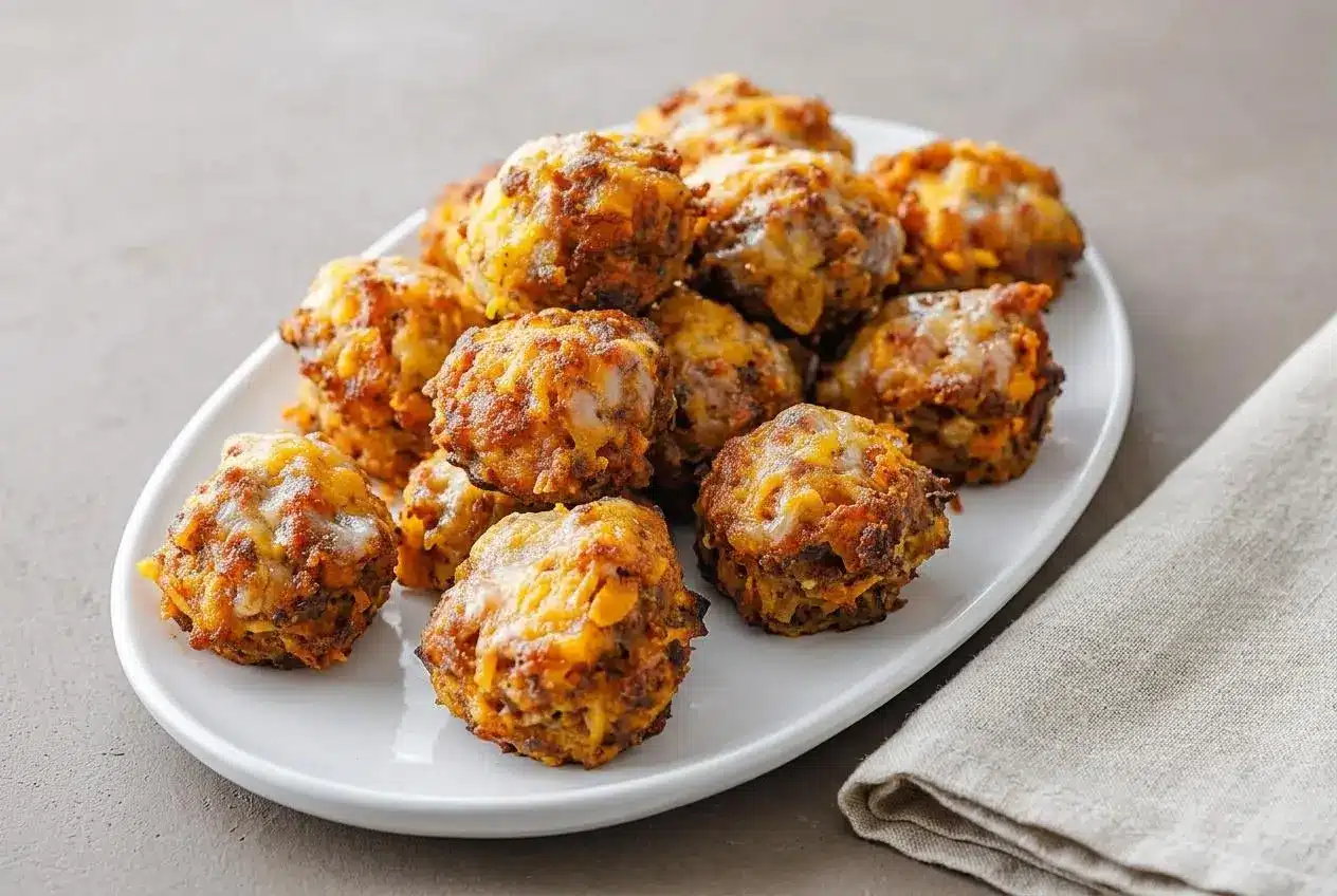 Golden baked sausage hash brown bites with crispy melted cheddar edges and tender potato shreds.