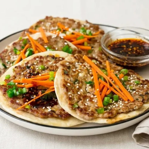 Crispy smash dumpling tacos with lacy browned ginger-garlic pork, toasted flour tortillas, and crunchy cabbage slaw