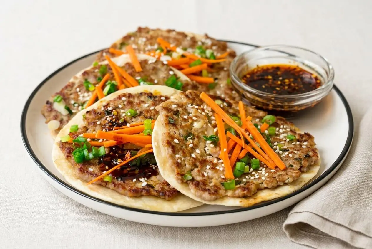 Crispy smash dumpling tacos with lacy browned ginger-garlic pork, toasted flour tortillas, and crunchy cabbage slaw