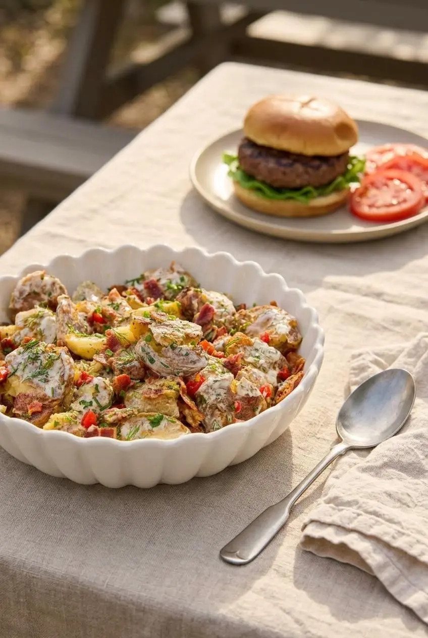 Bowl of crispy smashed potato salad on a picnic table next to a plate with a grilled burger and sliced tomatoes