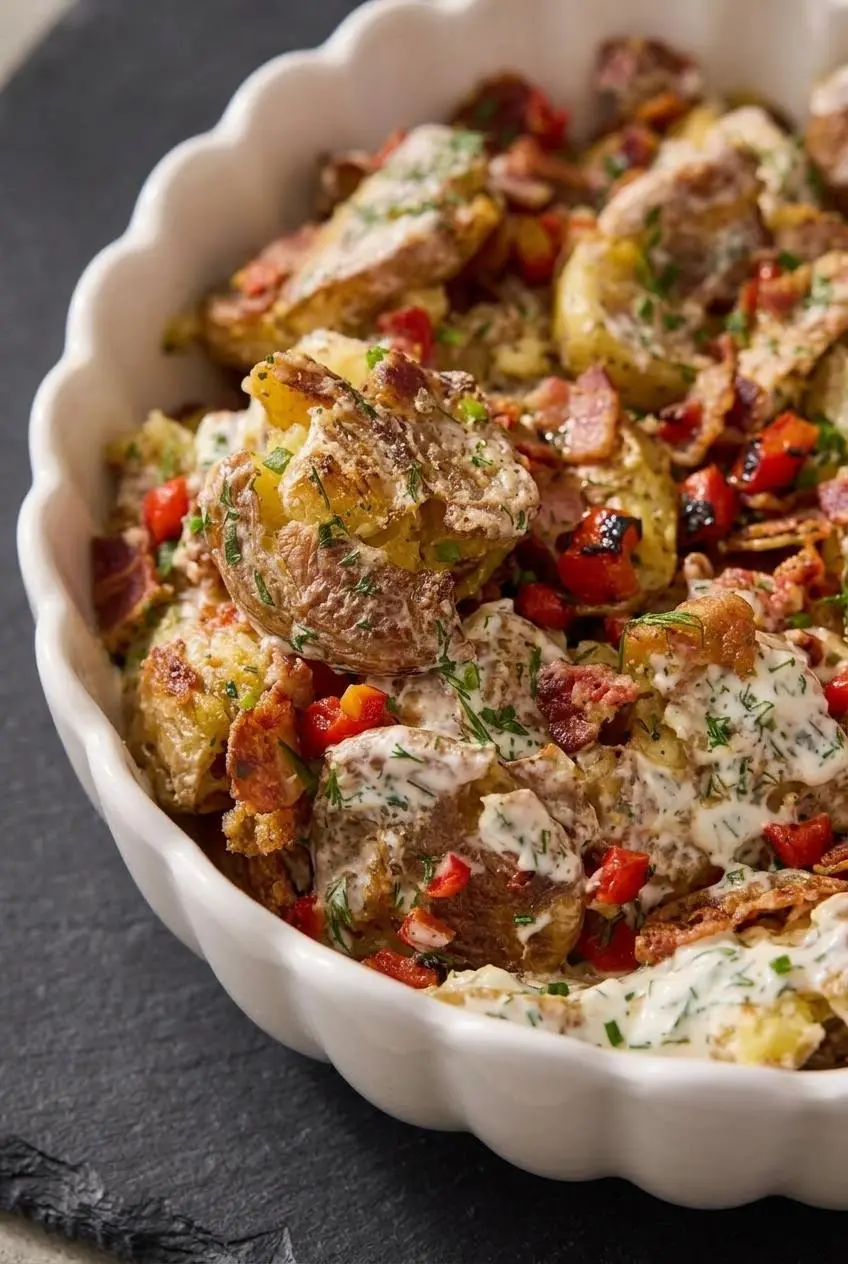 Close-up of crispy smashed potatoes with lacy golden edges layered over creamy herb dressing, bacon, and red peppers