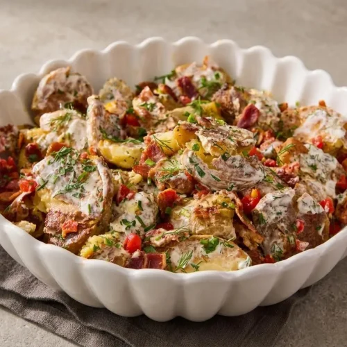 Crispy smashed potato salad in a serving bowl with golden craggy edges, bacon, roasted red peppers, and creamy herb dressing