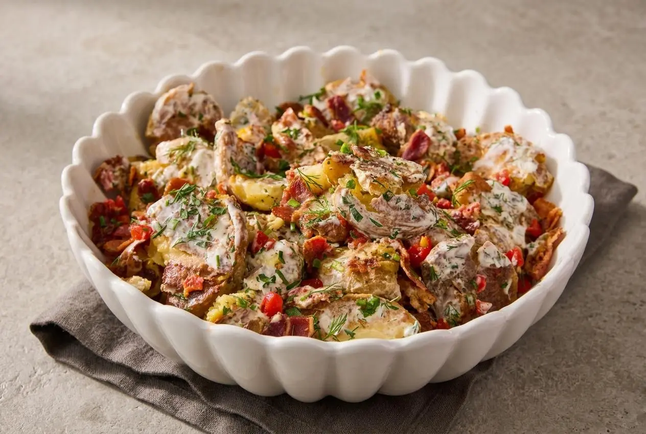 Crispy smashed potato salad in a serving bowl with golden craggy edges, bacon, roasted red peppers, and creamy herb dressing