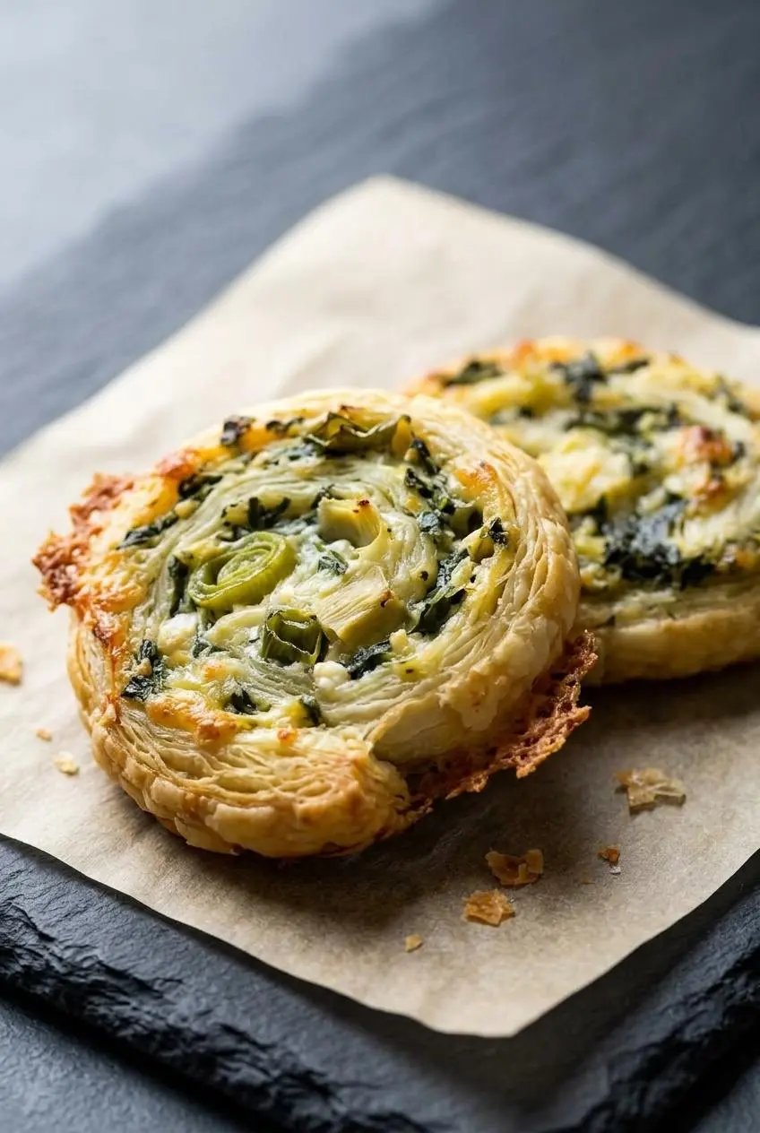 Close-up of two baked spinach artichoke pinwheels on parchment showing flaky pastry layers and lacy cheese edges.