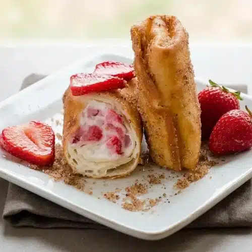 Crispy strawberry cheesecake chimichangas coated in cinnamon sugar with a creamy berry filling and fresh sliced strawberries