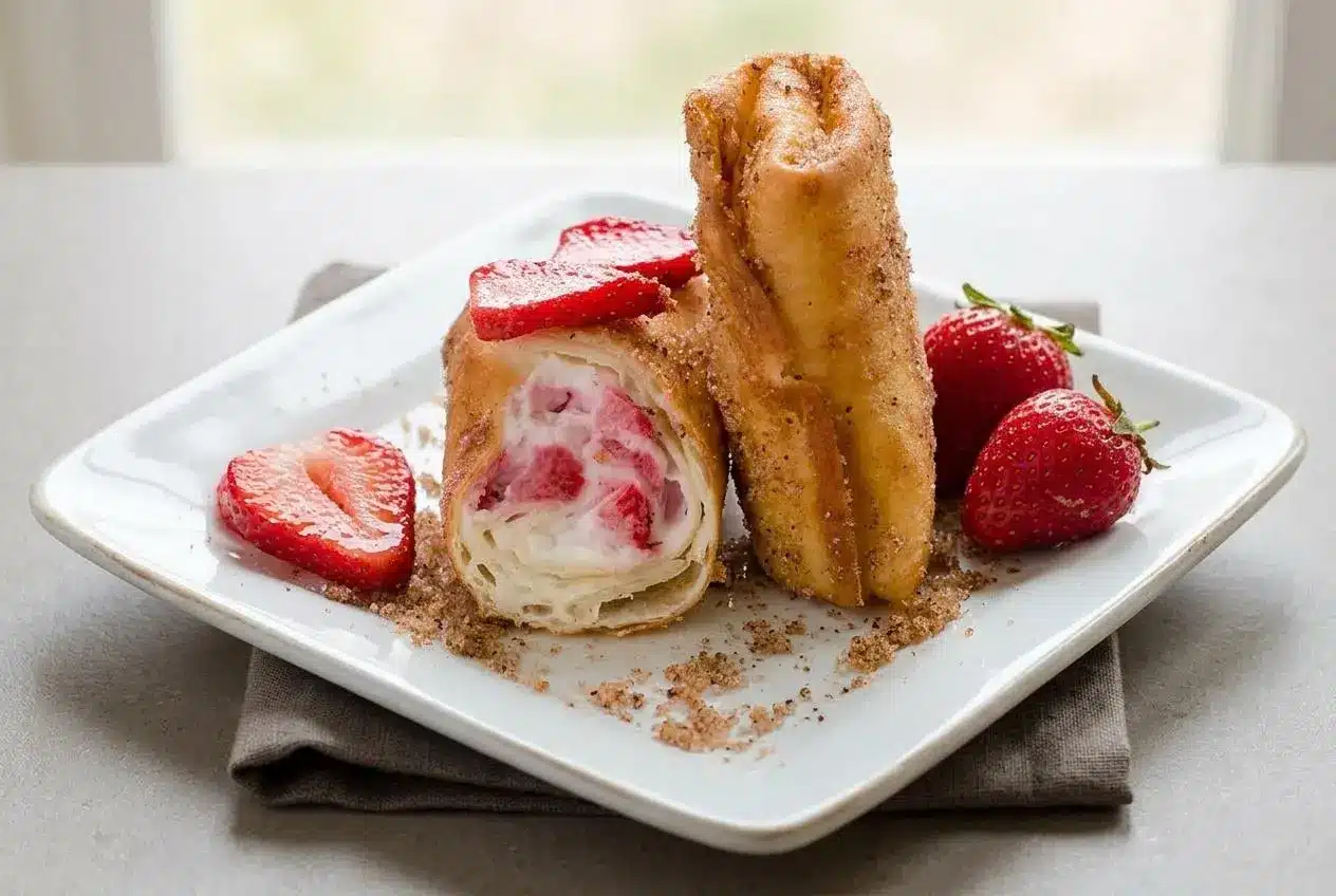 Crispy strawberry cheesecake chimichangas coated in cinnamon sugar with a creamy berry filling and fresh sliced strawberries