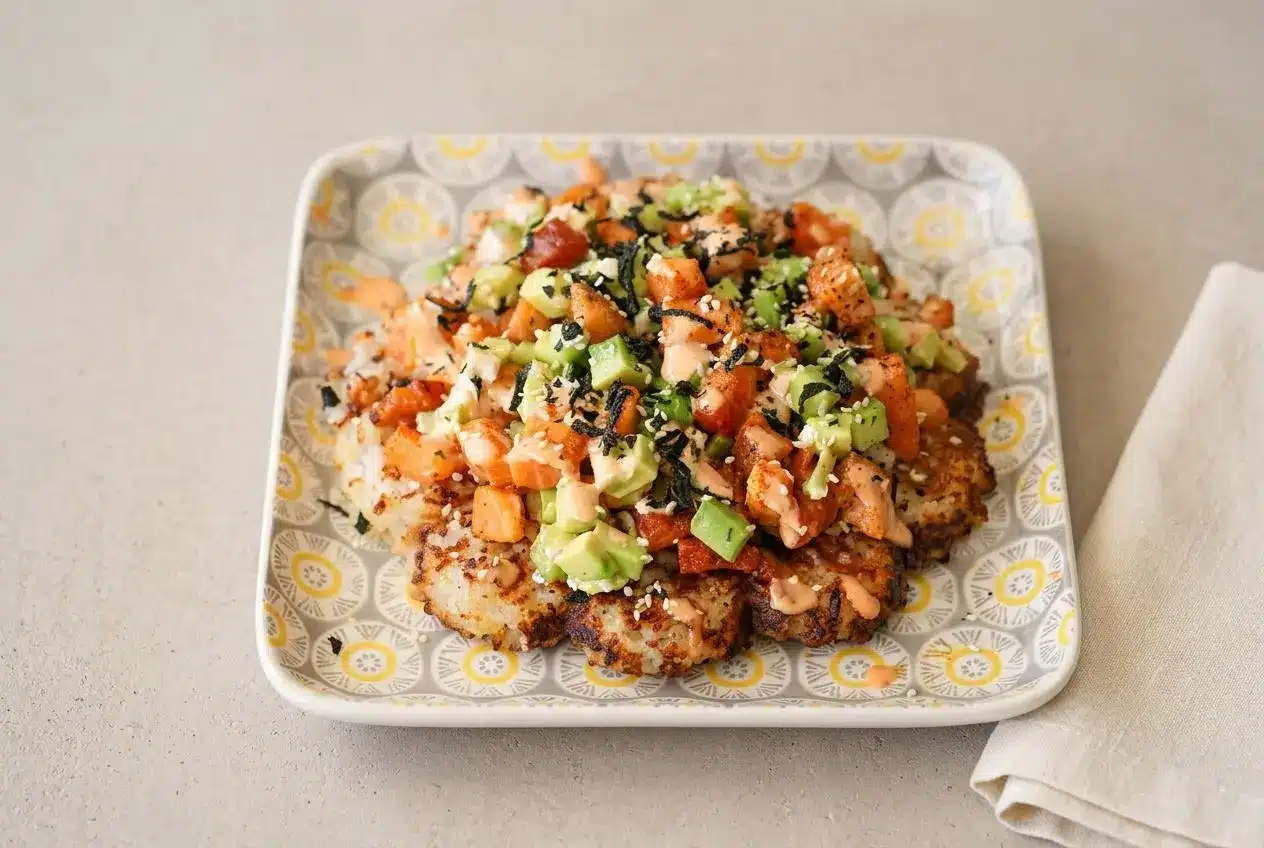 Crispy golden sushi waffles topped with flaked baked salmon, cucumber, avocado, and spicy mayo.