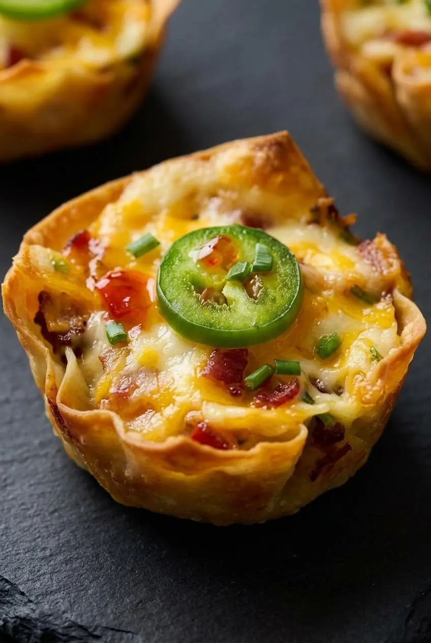 Close-up of a crispy wonton cup showing blistered edges, bubbling melted cheese, and bacon.