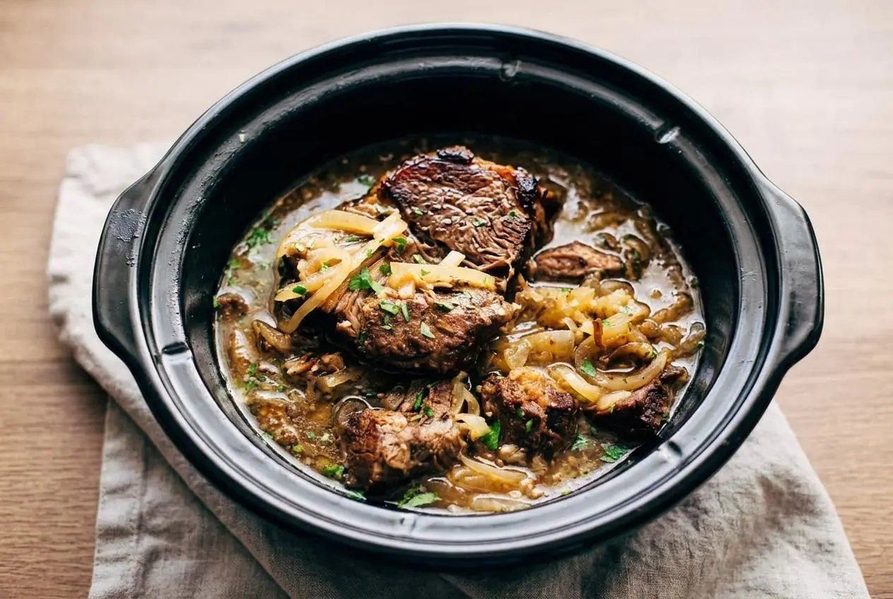 Crock Pot French Onion Pot Roast with fork-tender beef chuck, softened onions, and rich glossy gravy.