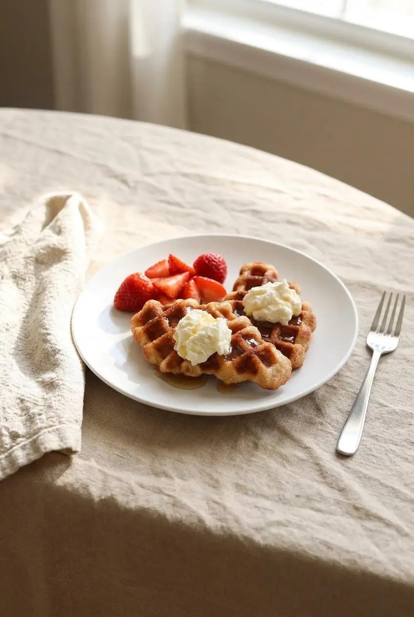 Caramelized cinnamon-sugar croffles on a plate topped with whipped mascarpone cream and sliced fresh strawberries