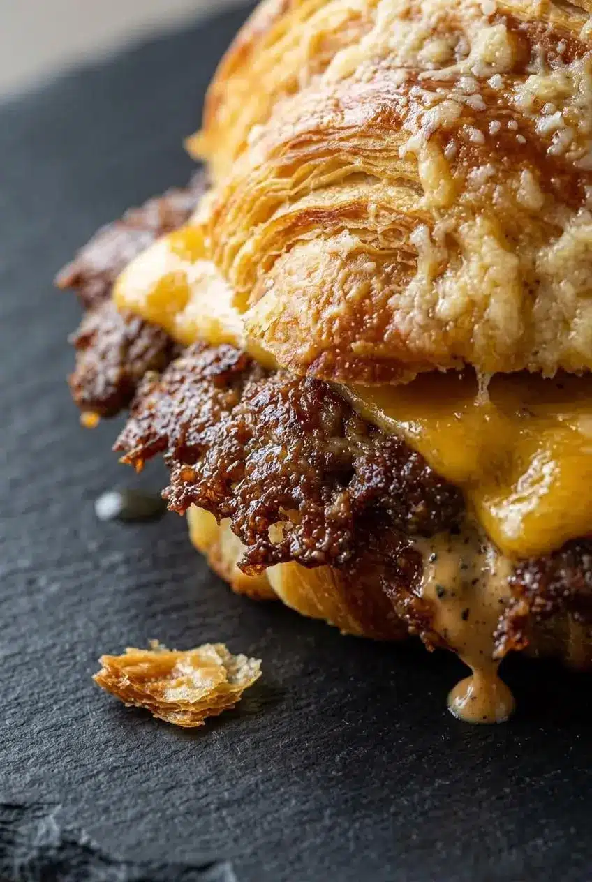 Close-up of lacy caramelized edges on a smashed beef patty with melted cheese and flaky croissant layers.