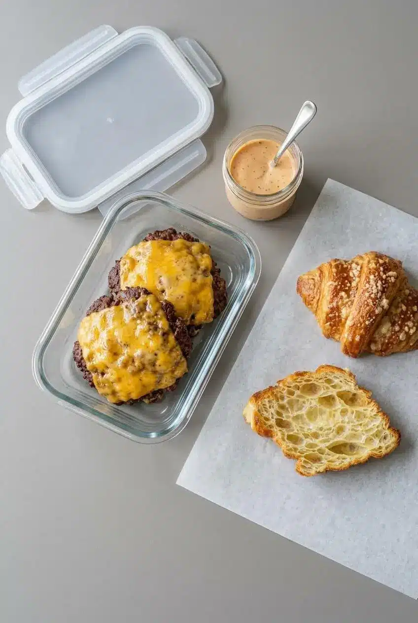 Cooked smash burger patties stored in a glass meal-prep dish with separate burger sauce and sliced croissants.