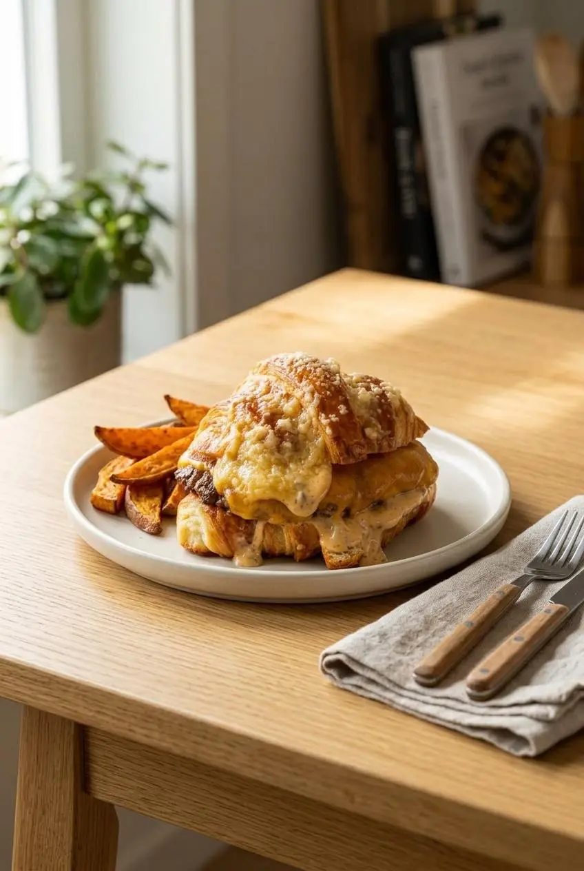 Plated croissant smash burger served alongside golden sweet potato wedges on a light oak dining table.