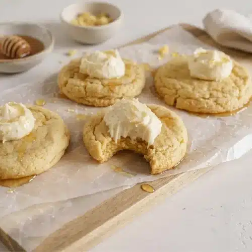 Thick crumbl cornbread cookies topped with a scoop of whipped honey buttercream and golden honey drizzle.