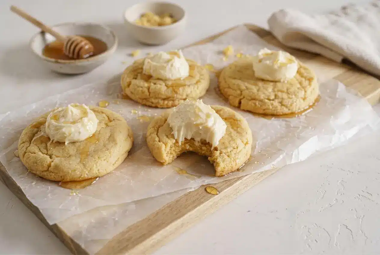 Thick crumbl cornbread cookies topped with a scoop of whipped honey buttercream and golden honey drizzle.