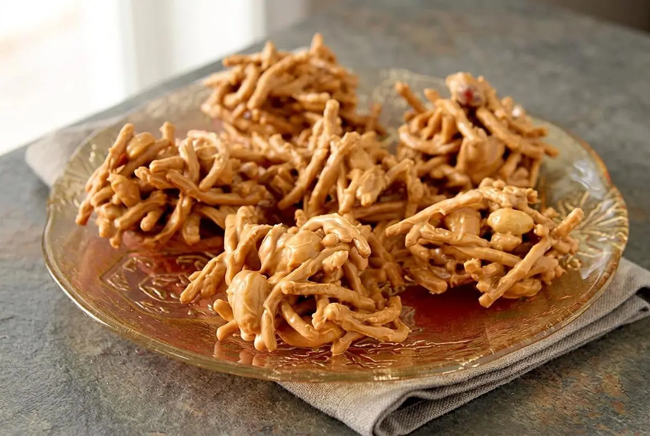 Peanut butter haystacks with crispy chow mein noodles, salted peanuts, and a creamy butterscotch coating.