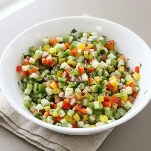 Crisp cucumber sweet pepper salad tossed in a glossy garlic Dijon vinaigrette with fresh herbs.