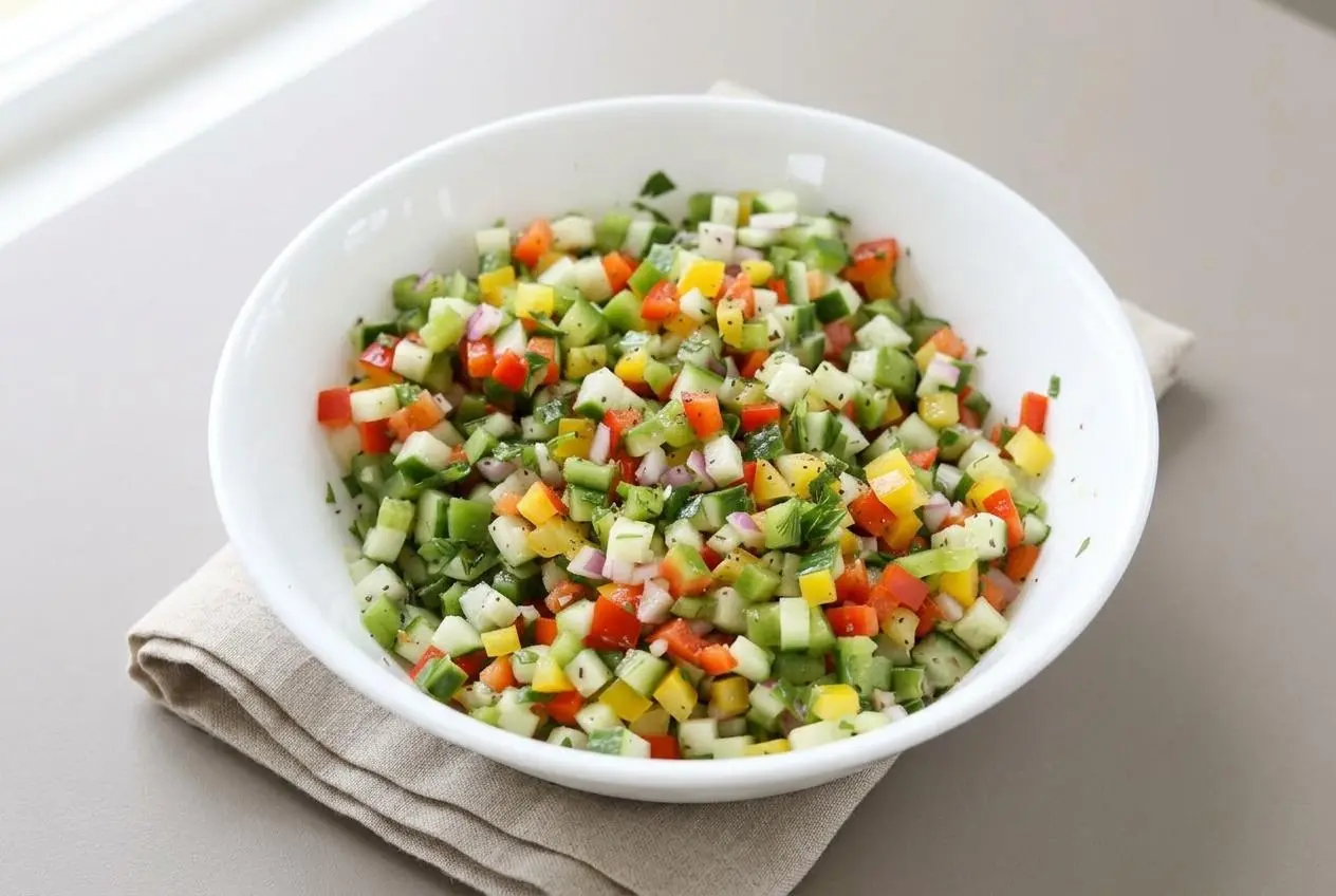 Crisp cucumber sweet pepper salad tossed in a glossy garlic Dijon vinaigrette with fresh herbs.