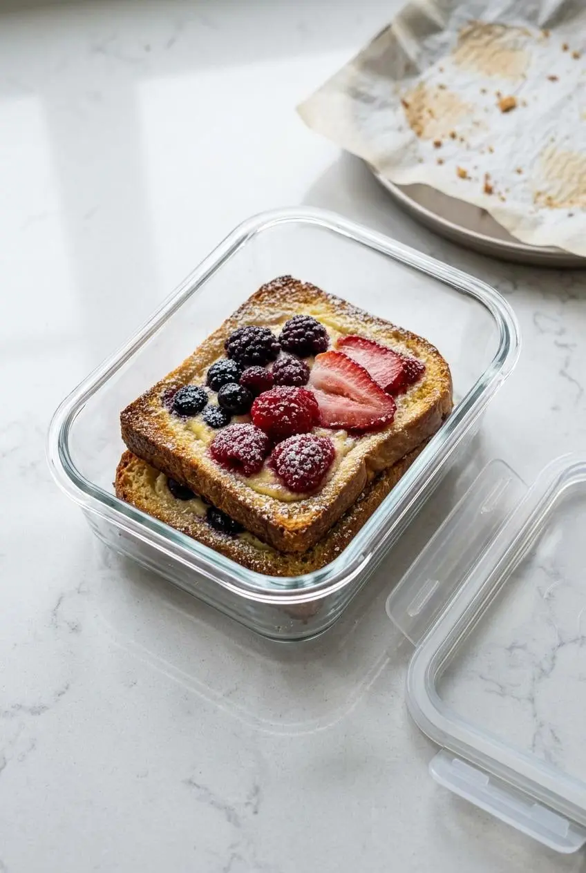 Cooled slices of berry yogurt toast arranged in a clear glass airtight storage container on a kitchen counter.