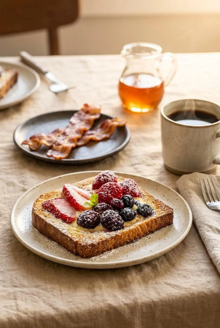 Custard yogurt toast with berries served on a breakfast table alongside black coffee, honey, and crispy bacon.