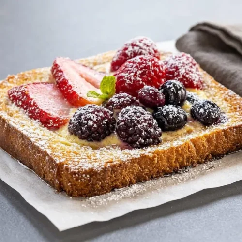 Baked custard yogurt toast on thick brioche with a creamy center, mixed berries, and crisp golden edges.