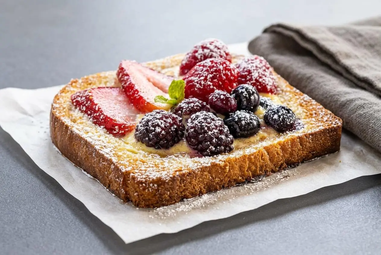 Baked custard yogurt toast on thick brioche with a creamy center, mixed berries, and crisp golden edges.