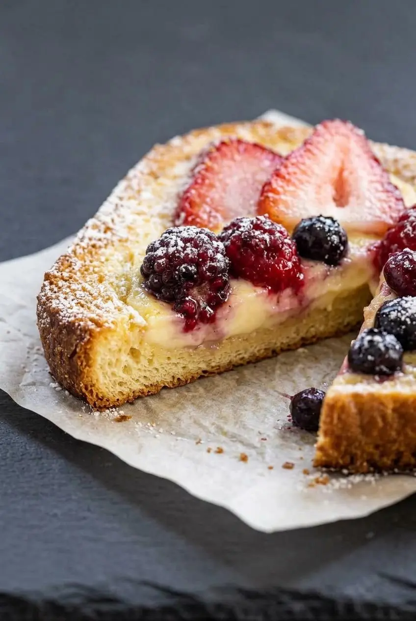 Halved slice of custard yogurt toast showing a dry brioche base, raised crust border, and set berry filling.